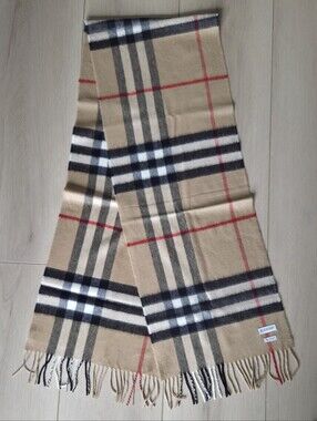 Authentic Burberry Beige Black White Red Signature Check Scarf